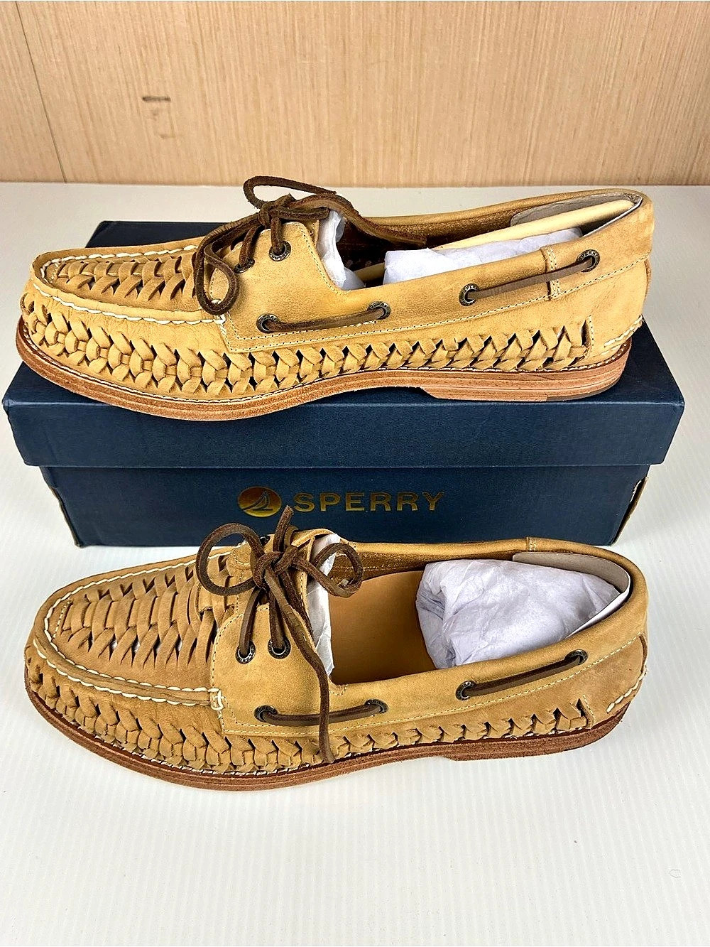 Sperry Gold Cup Woven Leather Boat Shoes Tan Men’s 10.5 NIB